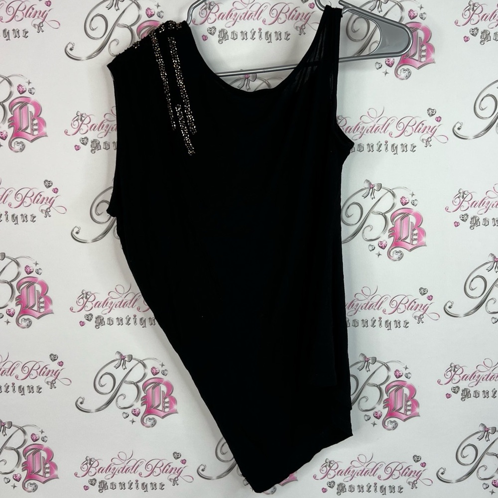 Guess tank top beaded sparkly Black Asymmetrical Top with Silver gold Accents - Picture 2 of 9